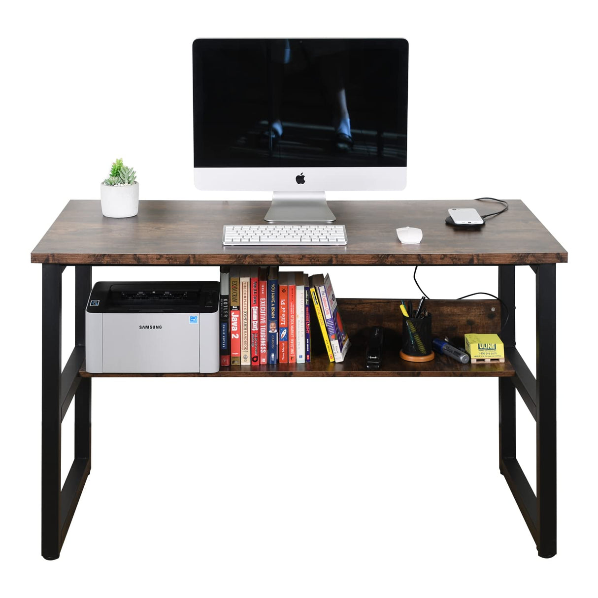 Computer Study Desk with Bookshelf, Large Home Office Desk with Storage and Shelf Industrial Study