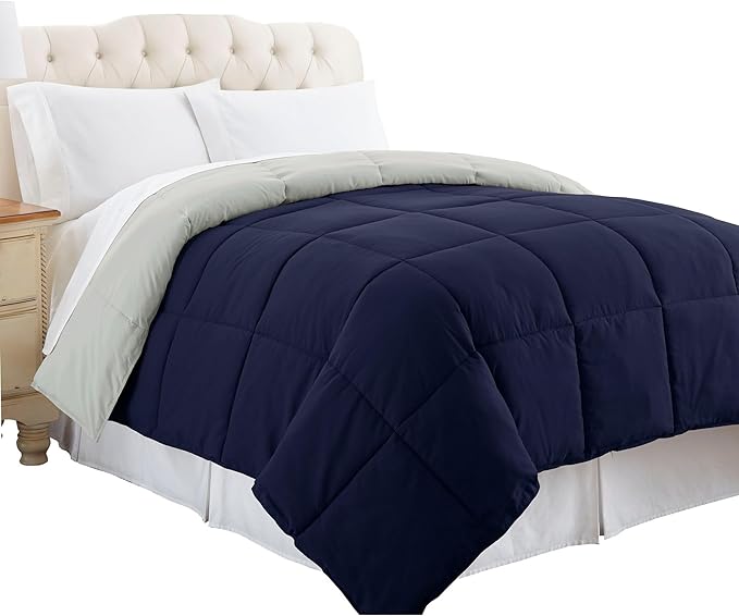 Genoa King Size Box Quilted Reversible Comforter, Silver and Blue