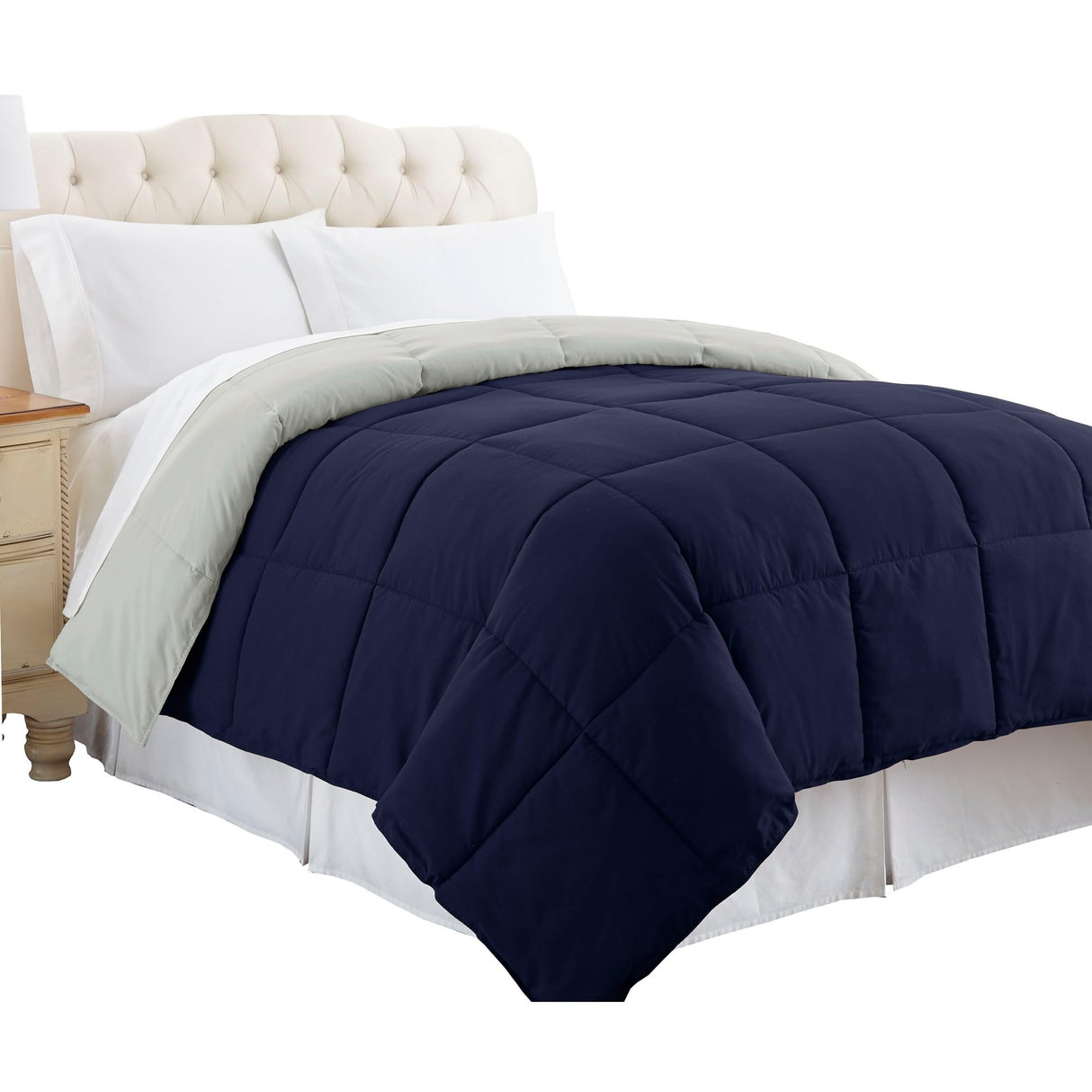 Genoa King Size Box Quilted Reversible Comforter, Silver and Blue