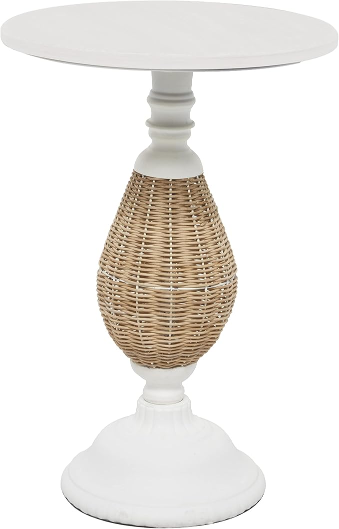 Wood Side End Accent Table End Table with Black Metal and Rattan Base