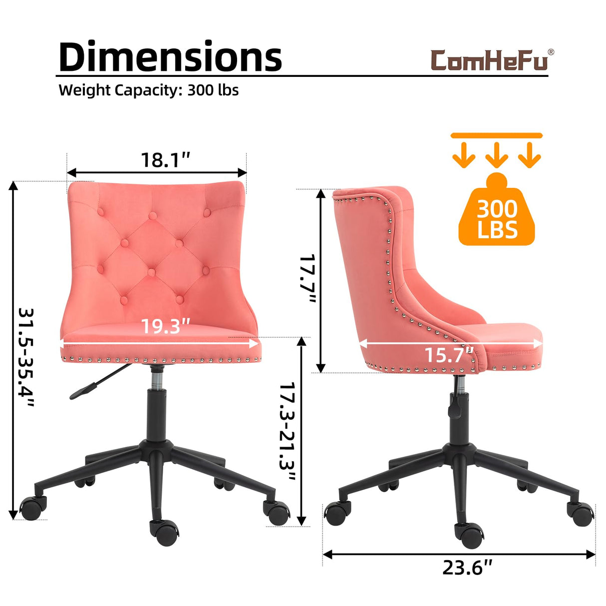 Velvet Upholstered Office Chair with Height Adjustable Base - Pink