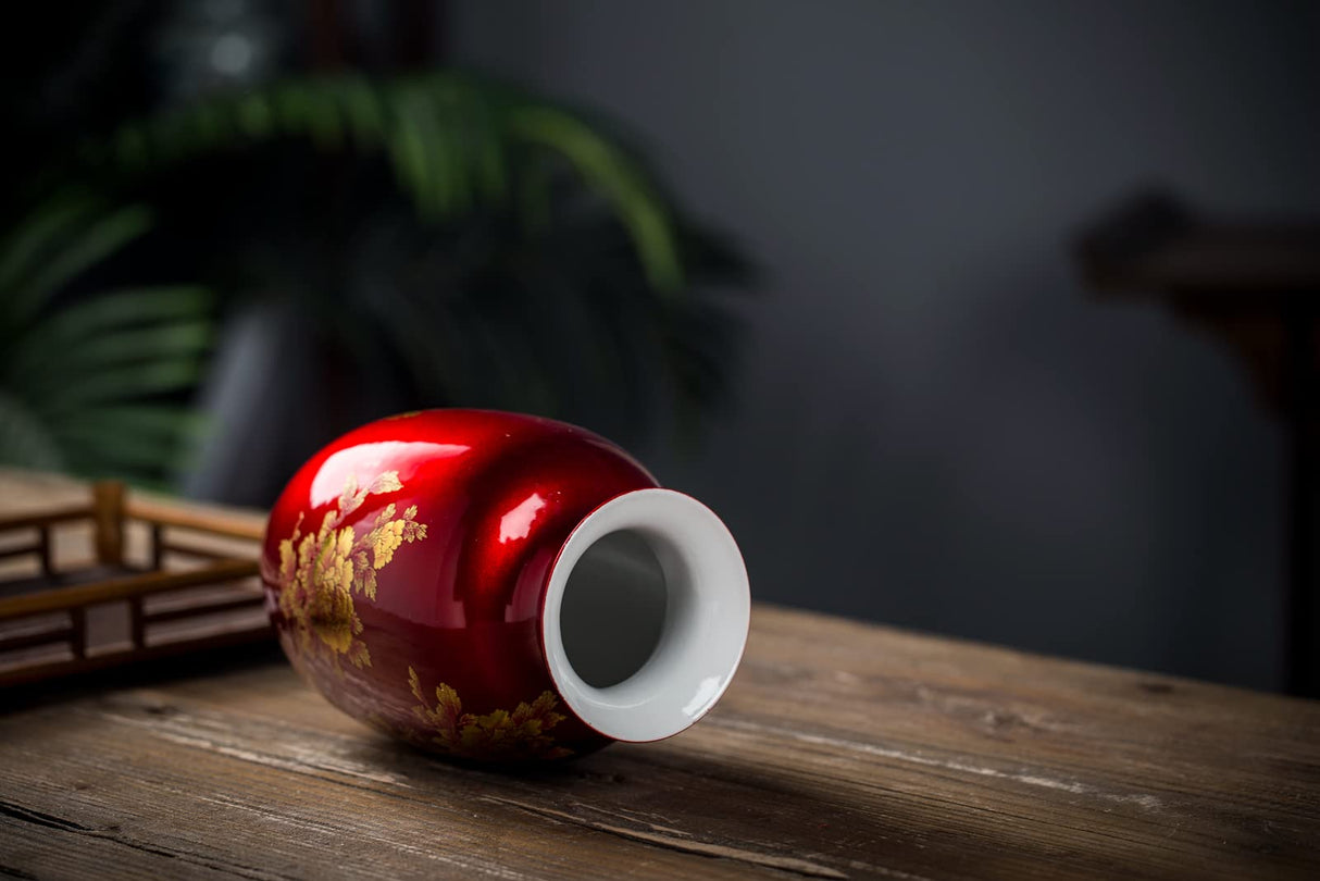 Red Vase Oriental Ceramic Flower Vases Decorated with Peony Design