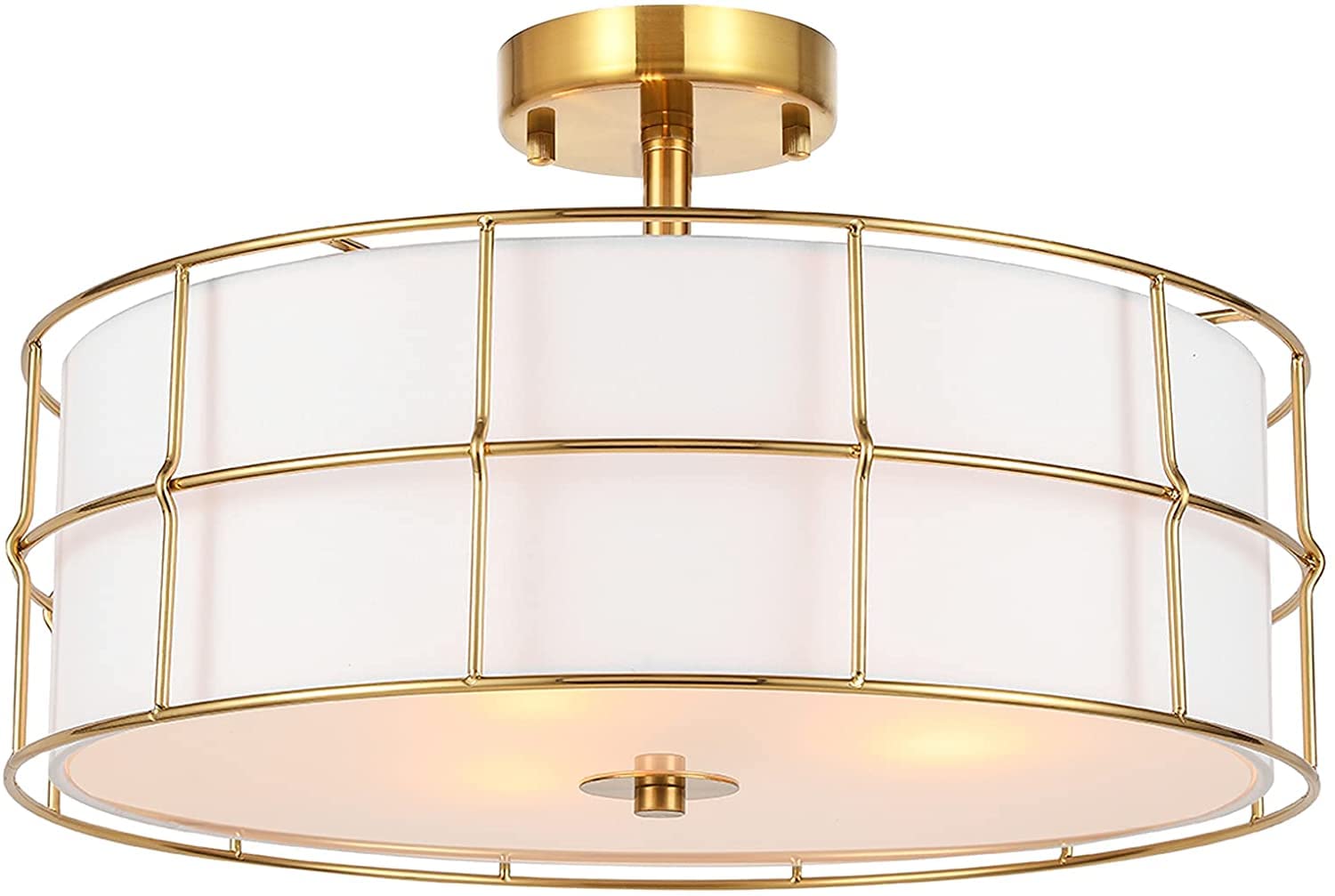 16" Semi Flush Mount Ceiling Light Fixture, 3-Light Golden Metal Mesh Drum Ceiling Light