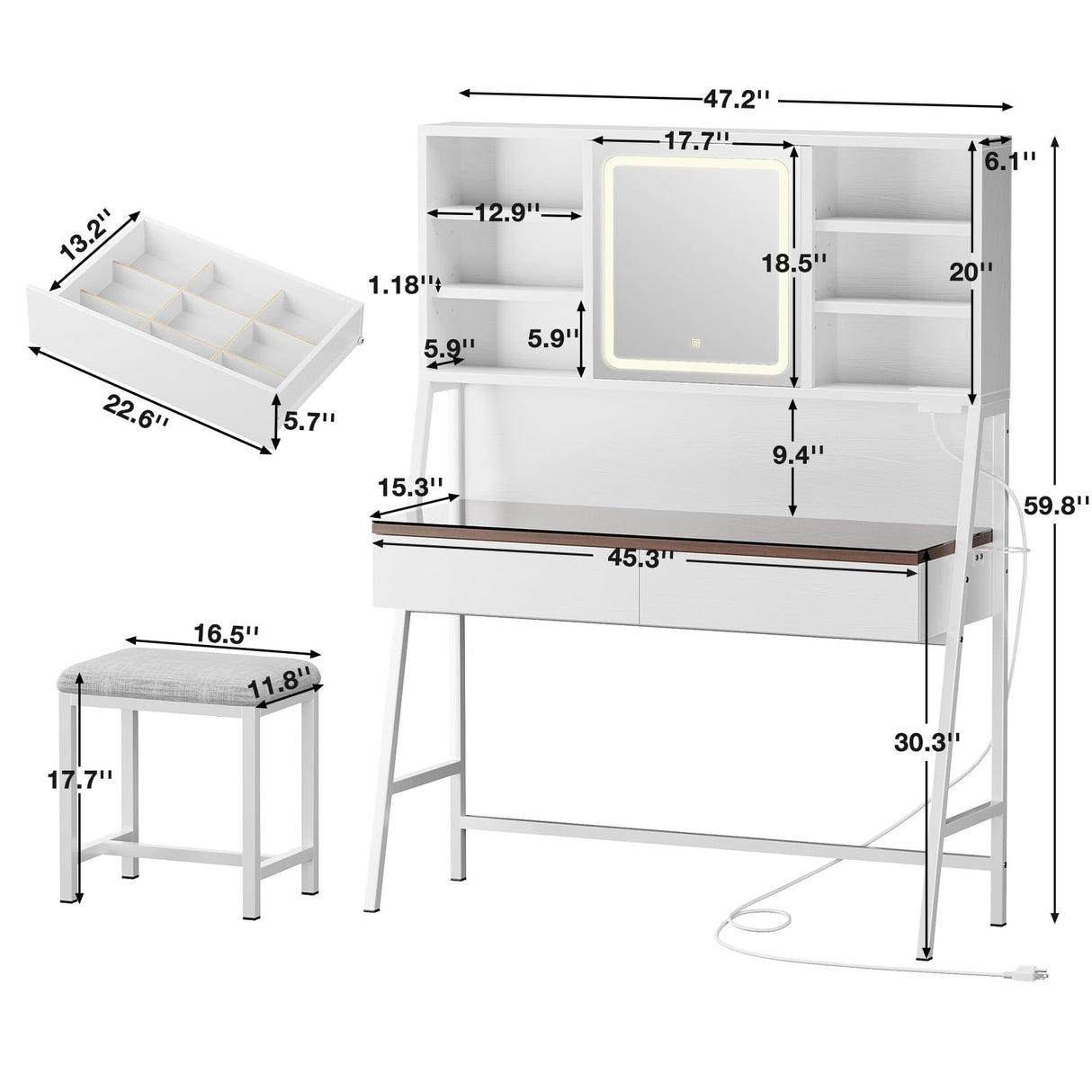 Vanity Desk with Mirror and Lights, Makeup Vanity with 3 Color Modes & Brightness Adjustable