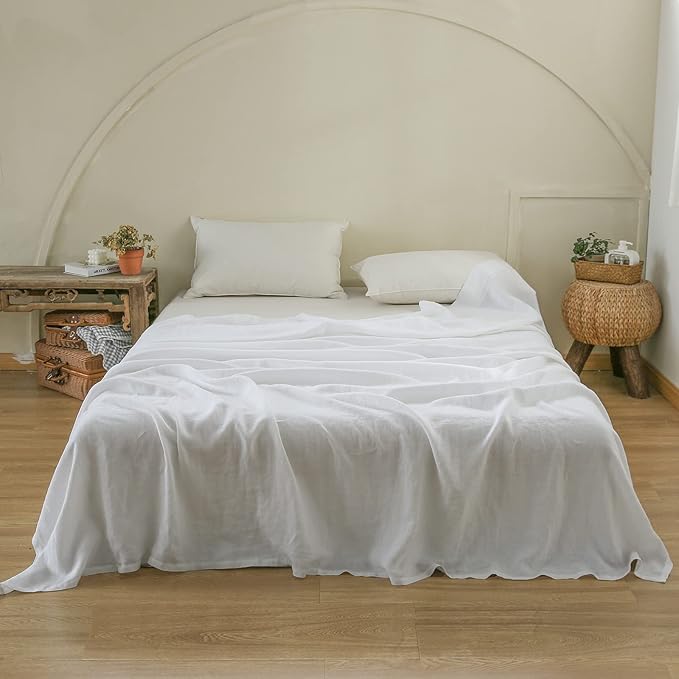 French Linen Flat Sheet with Embroidered Border-100% Stone Washed Flax Bedding,
