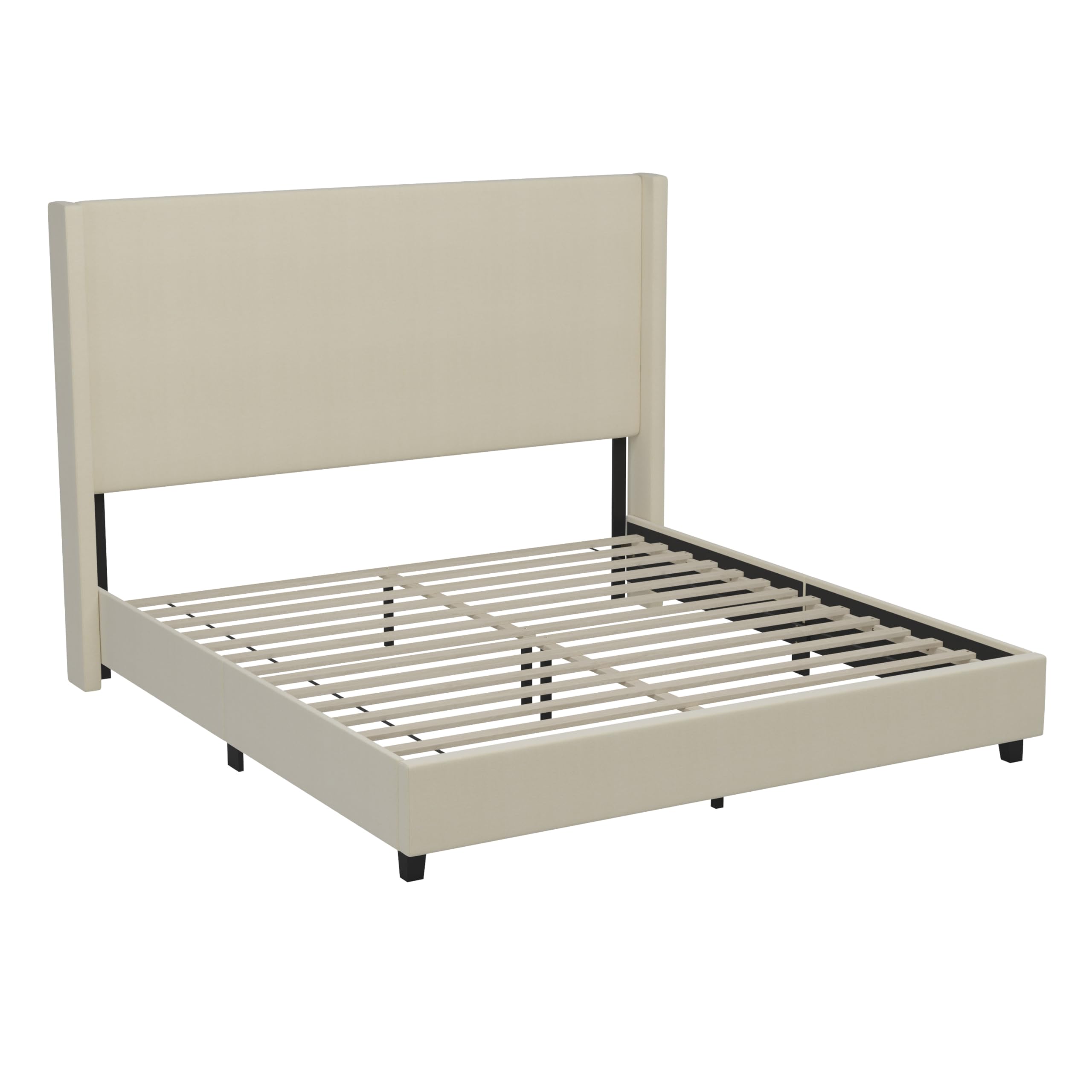 Nora Wingback Platform Bed - Beige Faux Linen Upholstery - Durable Engineered