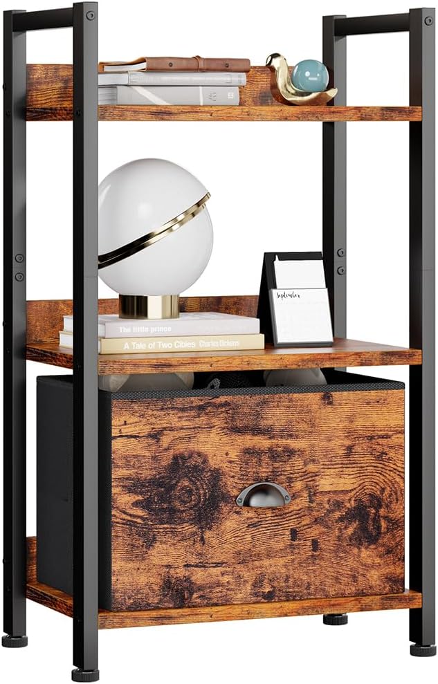 5 Tier Bookshelf with Drawer, Tall Narrow Bookcase with Shelves, Wood and Metal Book