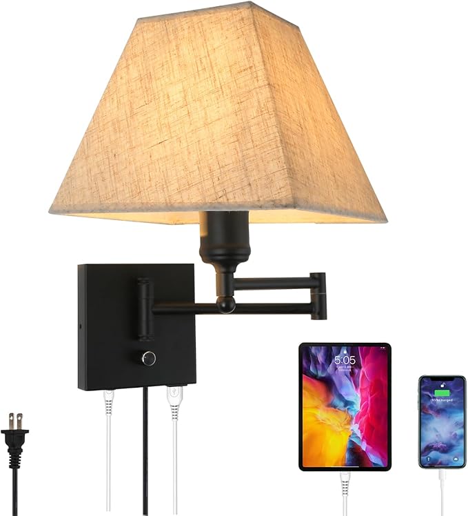 Wall Mounted Lamp Plug in Wall Sconce with Dimmable Switch Swing Arm Wall