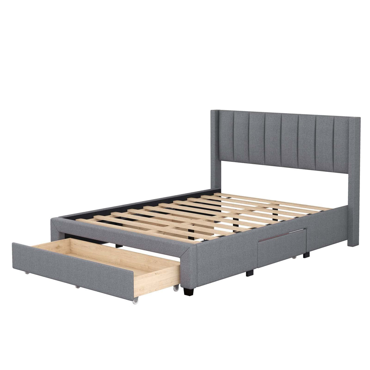 Upholstered Platform Bed with a Large Drawer in Footboard and 2 Drawer on Side,