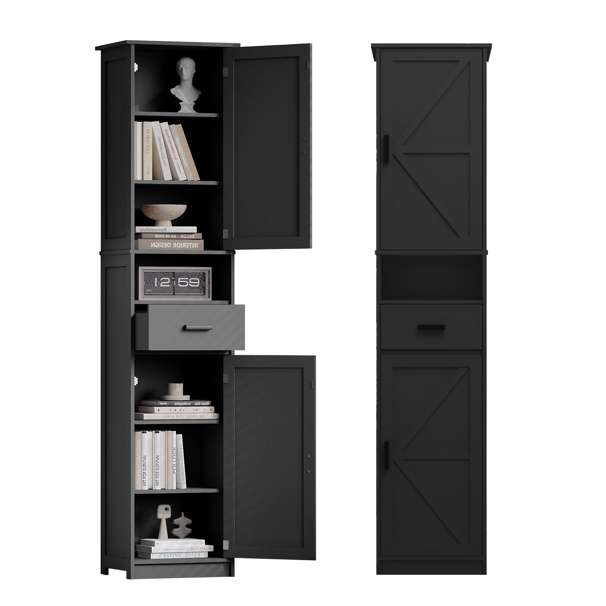 69“ Tall Bathroom Cabinet Features 2 Doors, 1 Open Shelf Drawer