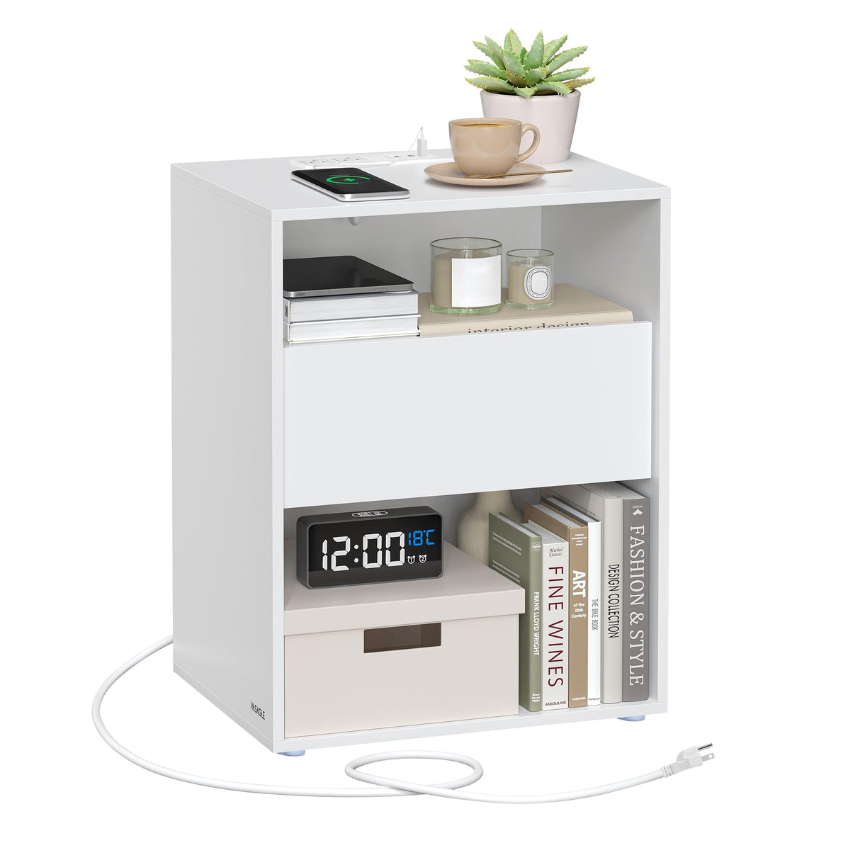 Superfast Toolless Assembly, Nightstand, Bedside Table with Charging Station