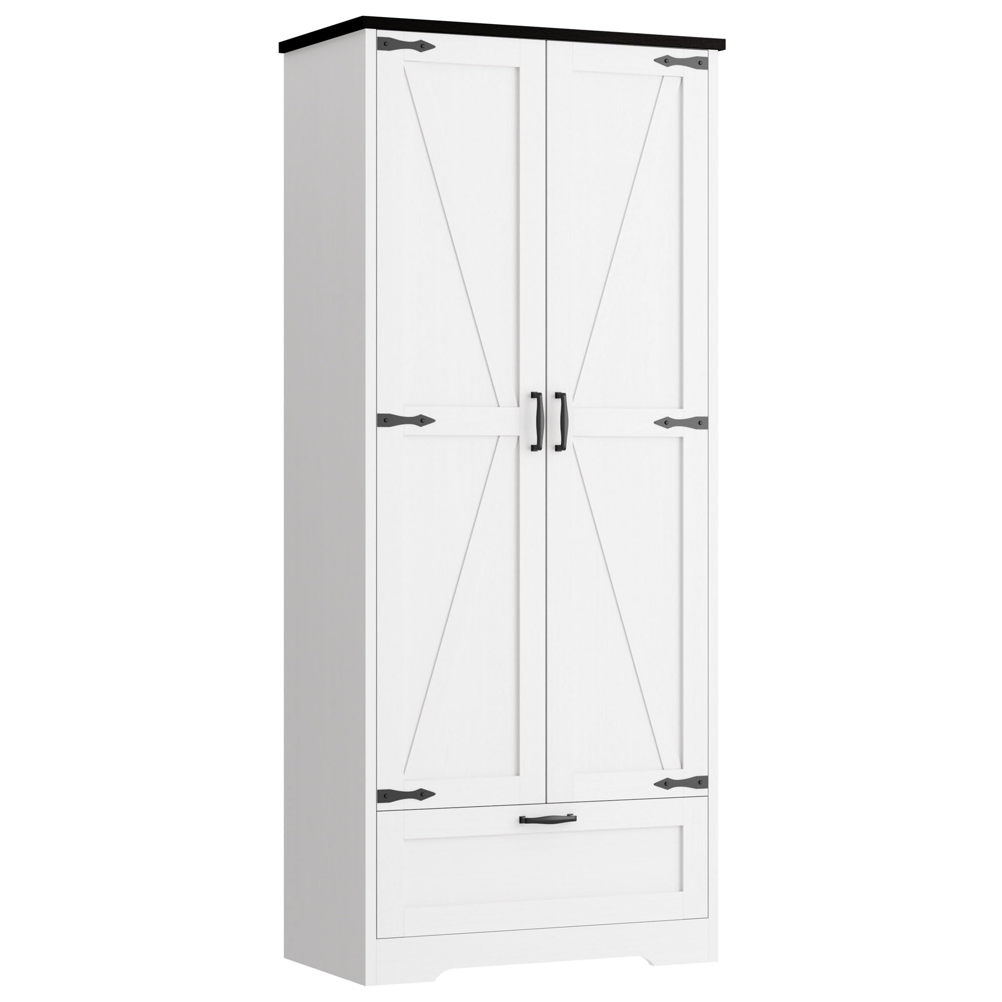 Kitchen Pantry Storage Cabinet with Barn Doors, Drawer and Adjustable Shelves, 4-Tier