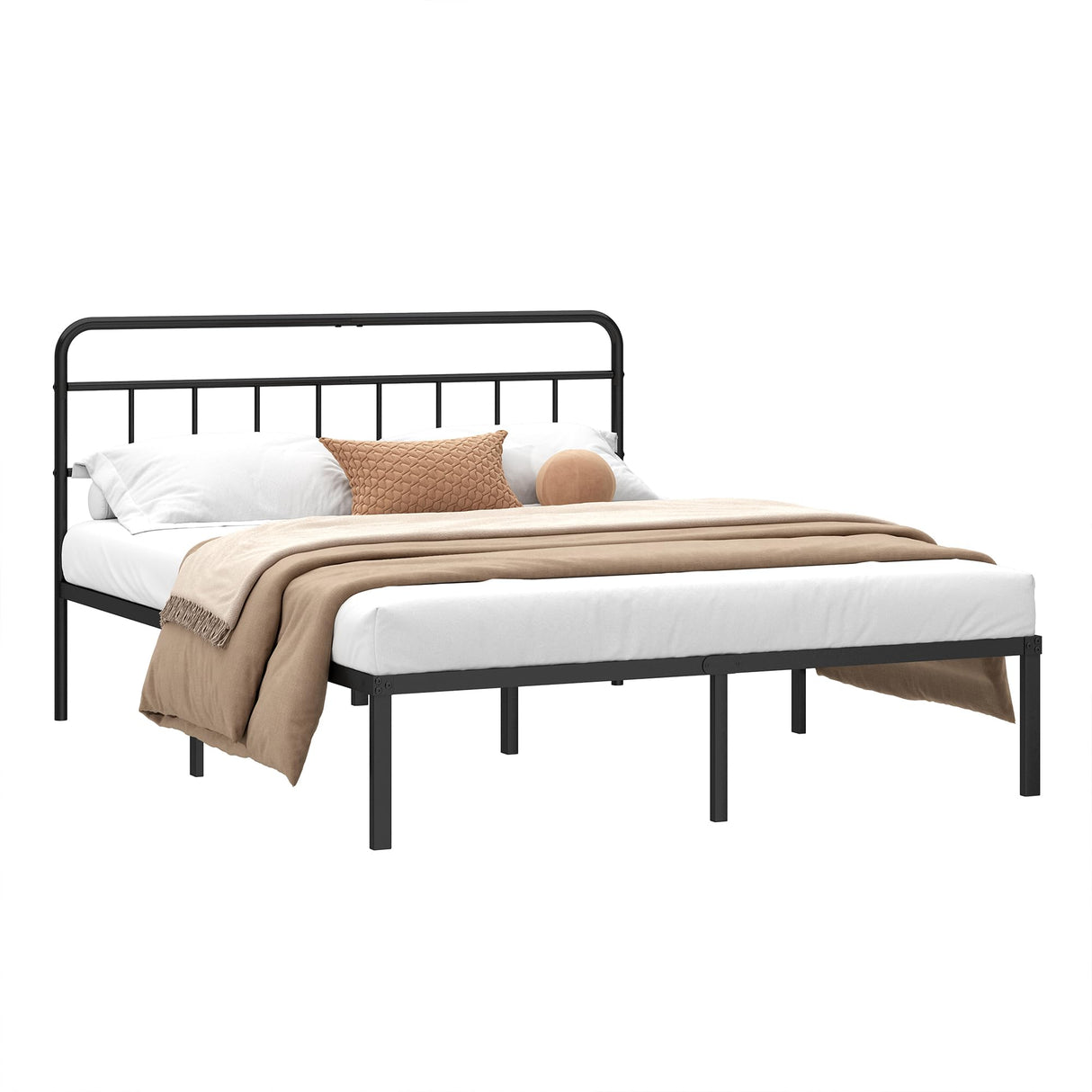 12-Inch Queen Bed Frame with Minimalist Headboard - Black Metal Platform