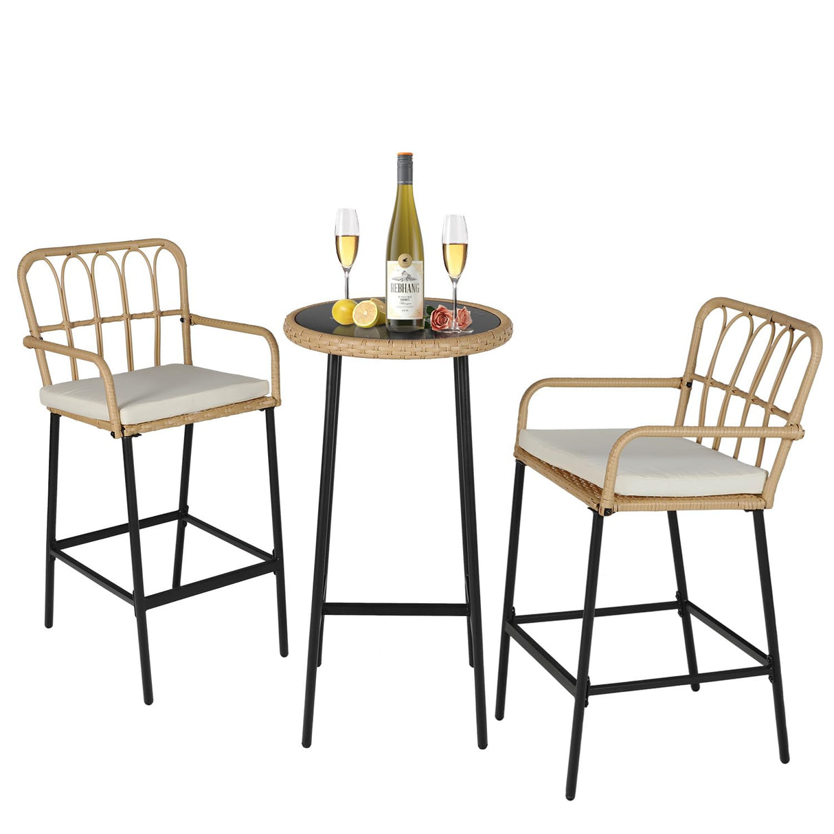 ENSTVER 3-Piece Patio Rattan Bar Set,Outdoor High Top Table and Chairs Set with Cushions&1 Tempered Glass Bar Table,Patio Bistro Dining Bar Set for Backyard, Garden, Balcony