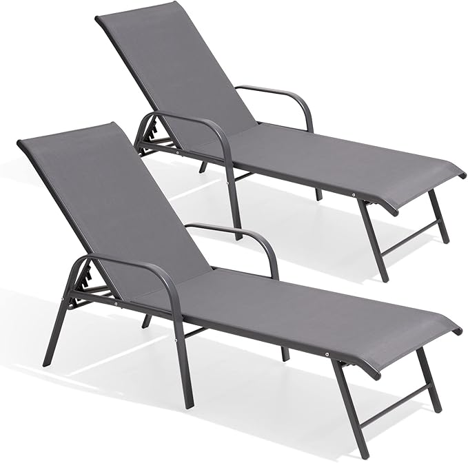 Lounge Chair Outdoor with Armrests, Pool Lounge Chairs Set of 2, Aluminum Adjustable