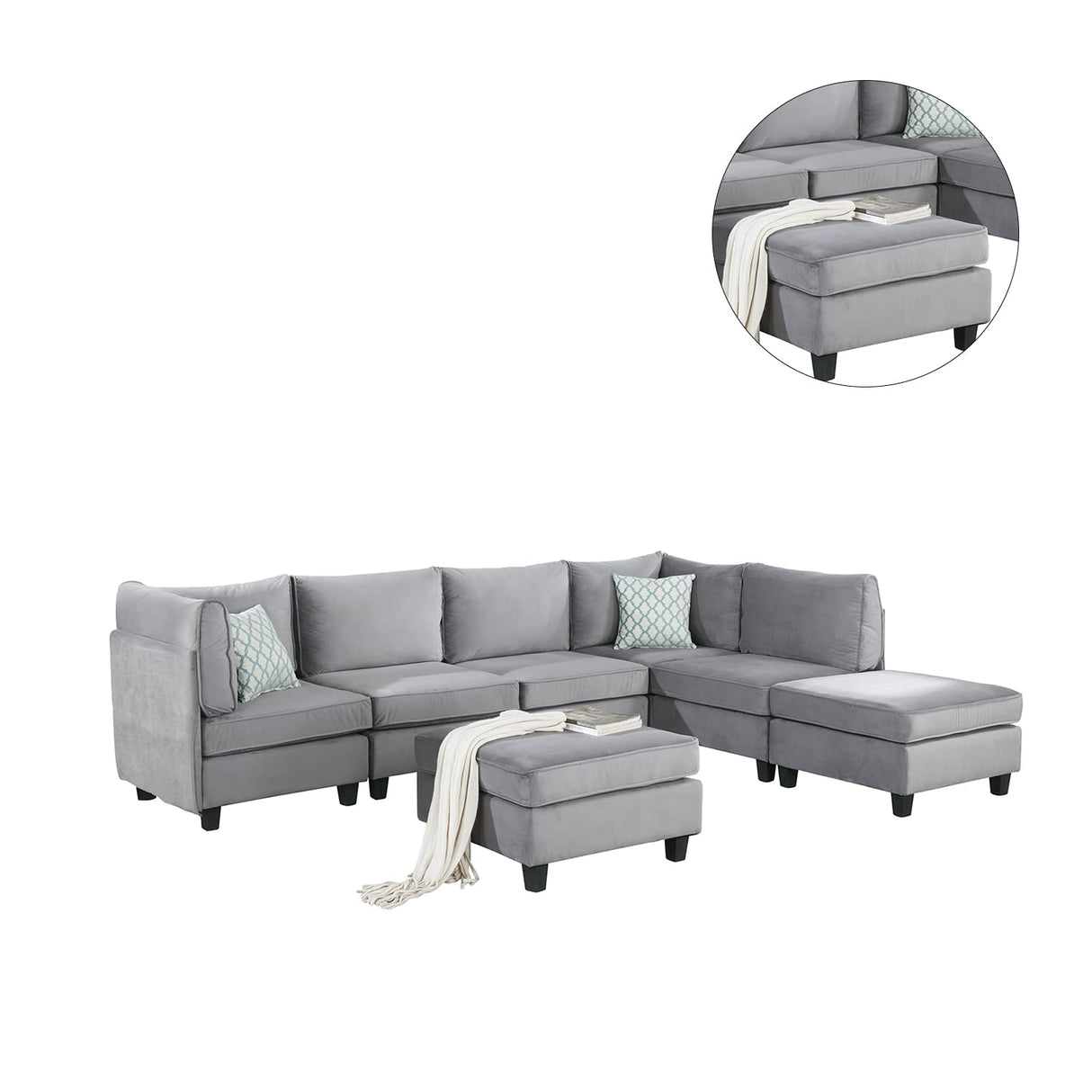 7 Piece Velvet Modular Sectional Sofa with Ottoman, Grey
