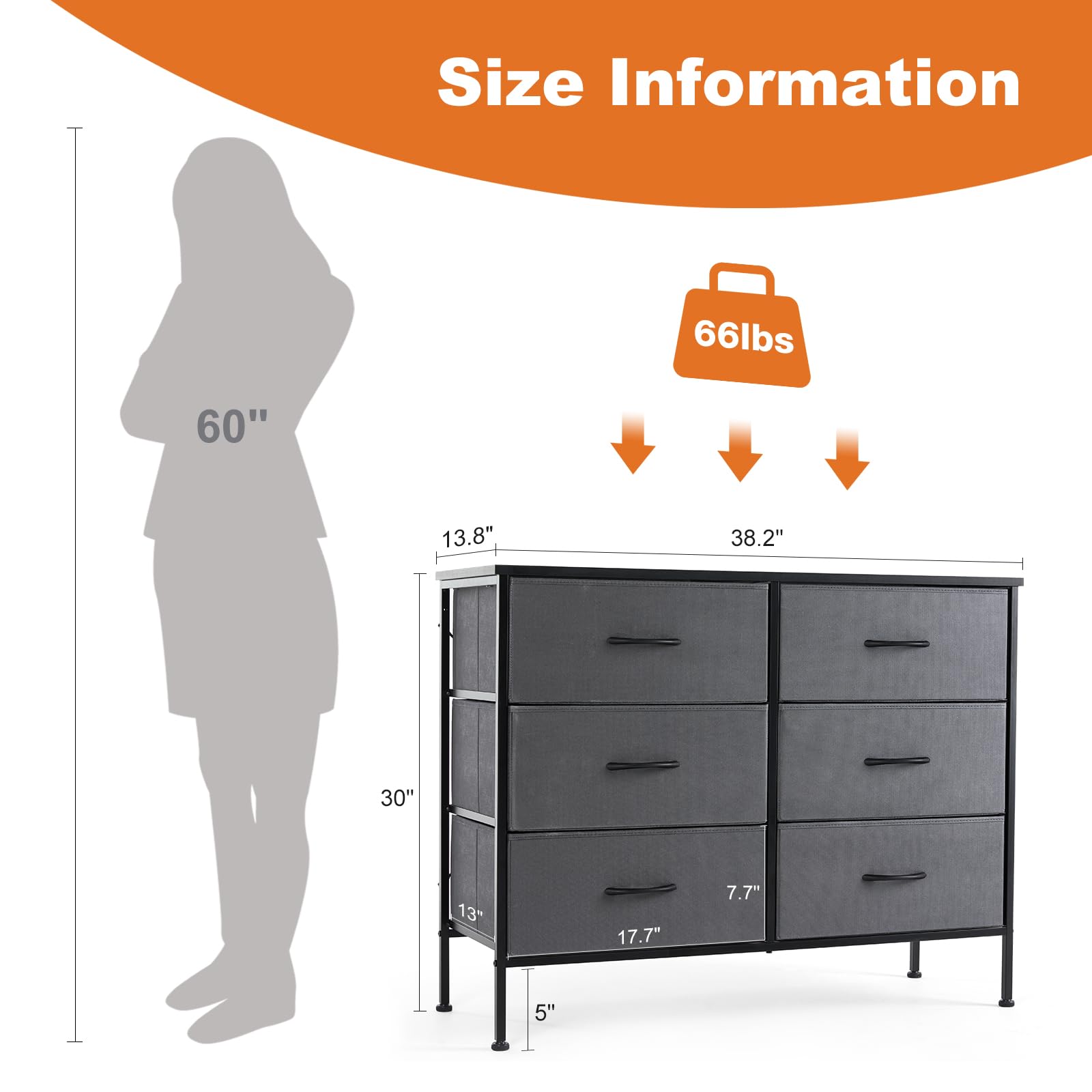 Sweetcrispy 6 Drawer Dresser for Bedroom, Fabric Chest of Drawers Dressers, Storage Tower Unit with Fabric Bins, Bedroom Dresser for Closet, Living Room, Hallway, Wood Top, Steel Frame, Grey