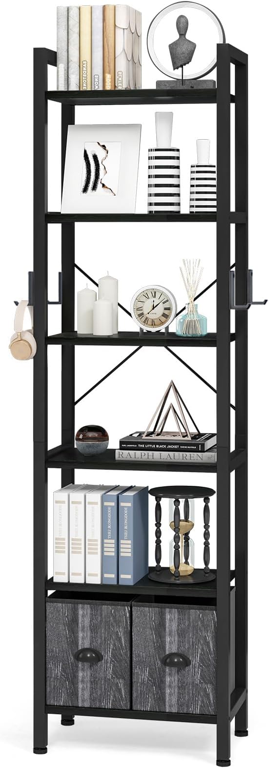 oneinmil 5-Tier Bookshelf with Storage, Wooden Bookcase with Cabinet Doors, Floor Bookshelves and Office Storage Cabinets for Home Office, Living Room (White, 5-Tier)