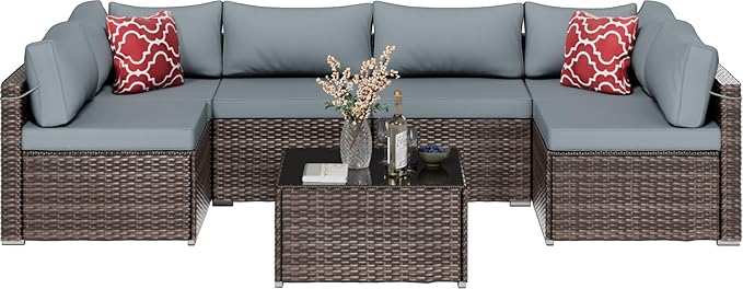 14-Piece Gray Rattan Patio Furniture Sets, Outdoor Conversation Sofa Sets