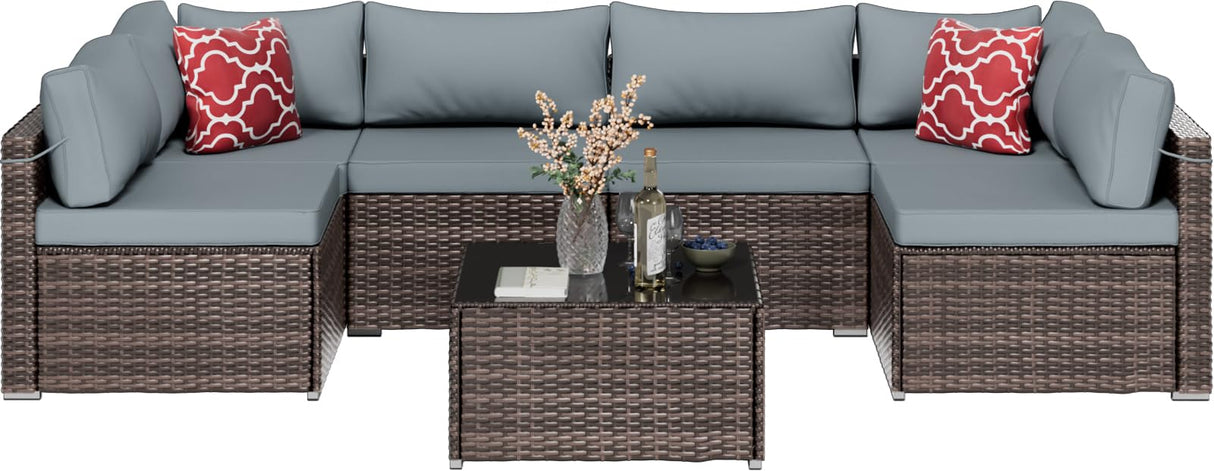 7-Piece Patio Furniture Set, Brown PE Rattan Sectional Sofa with Water-Resistant Gray Cushions