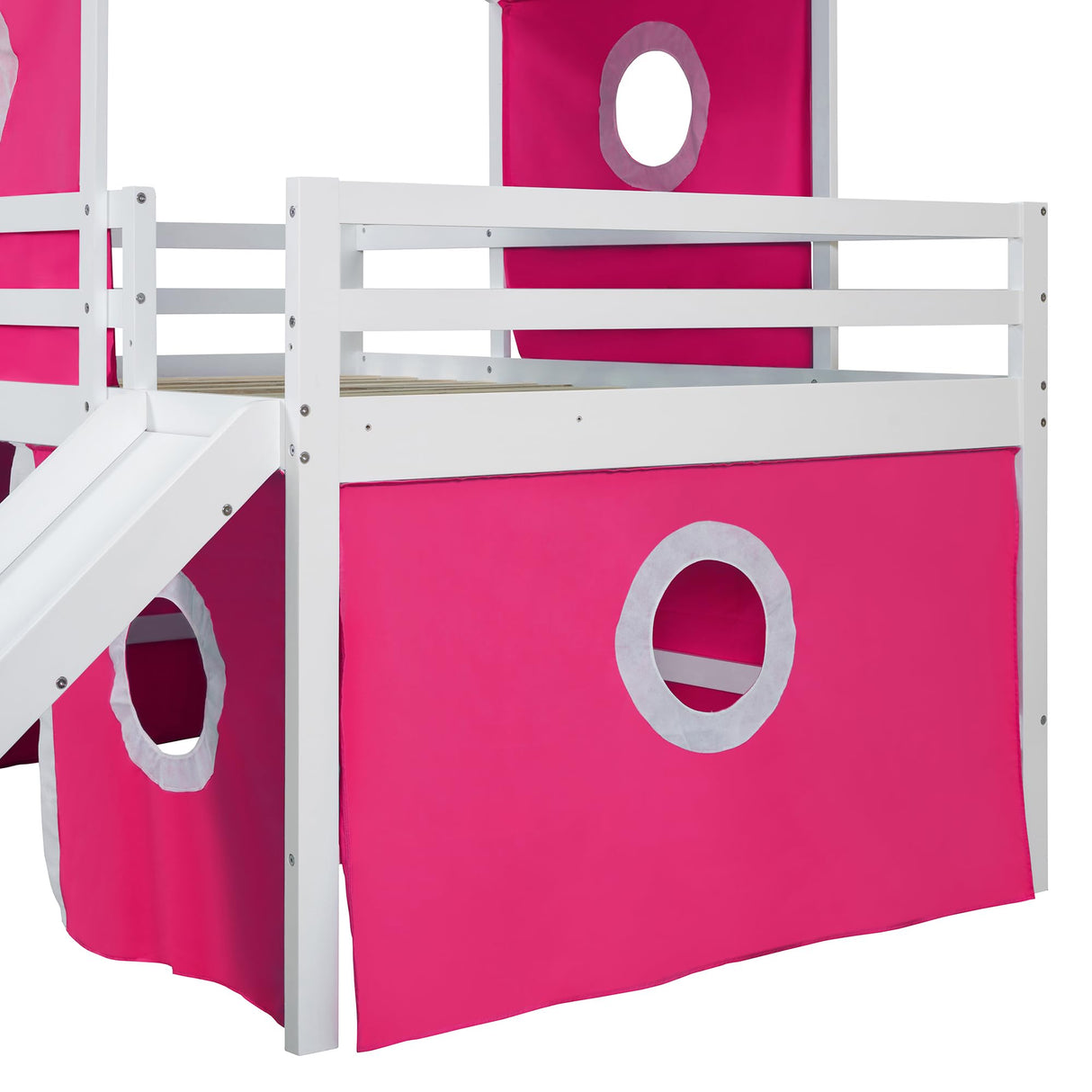 Full Loft Bed with Slide and Curtains, Full Over Full Floor Bunk Bed with House Shape Tent