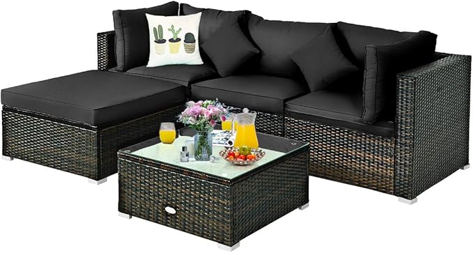 5-Piece Outdoor Patio Furniture Set, Glass Top Coffee Table and Lounge Sofa