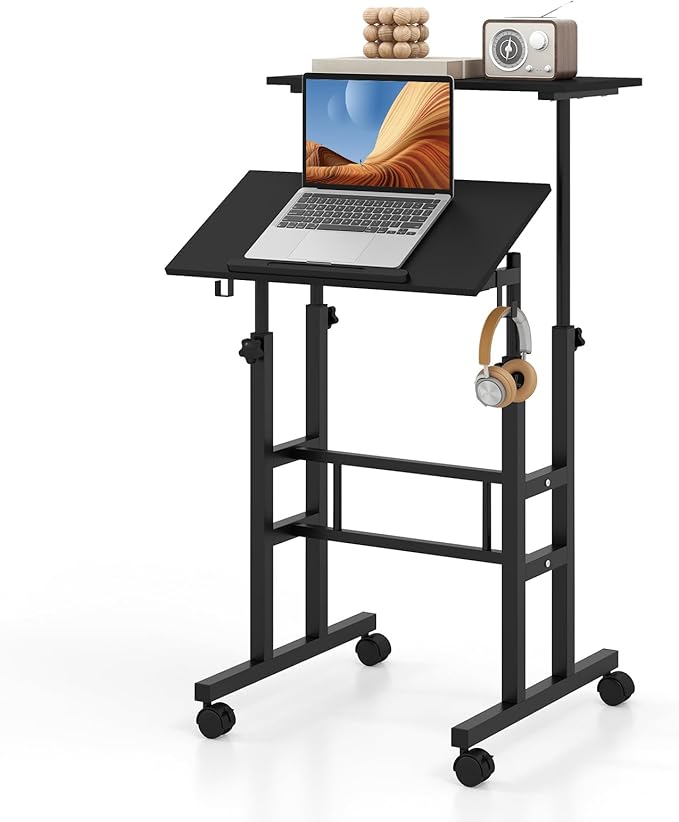 Mobile Standing Desk, Height-Adjustable Laptop Podium Cart with Tilting Tabletop & Adjustable Angle, Rolling Stand Up Computer Desk with 2 Hanging Hooks & Lockable Casters for Home Office