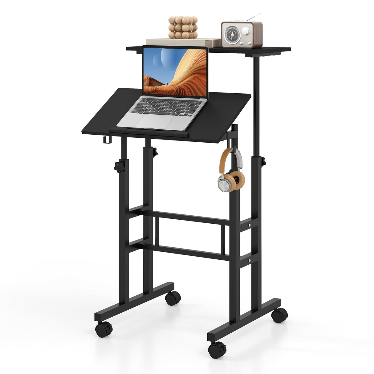 Mobile Standing Desk, Height-Adjustable Laptop Podium Cart with Tilting Tabletop & Adjustable Angle, Rolling Stand Up Computer Desk with 2 Hanging Hooks & Lockable Casters for Home Office