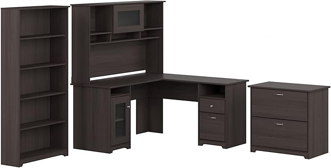 L Shaped Desk with Hutch, 5 Shelf Bookcase and Lateral File Cabinet | Cabot Collection Corner Computer Table with Storage and Bookshelf | 60Wx23DX37W