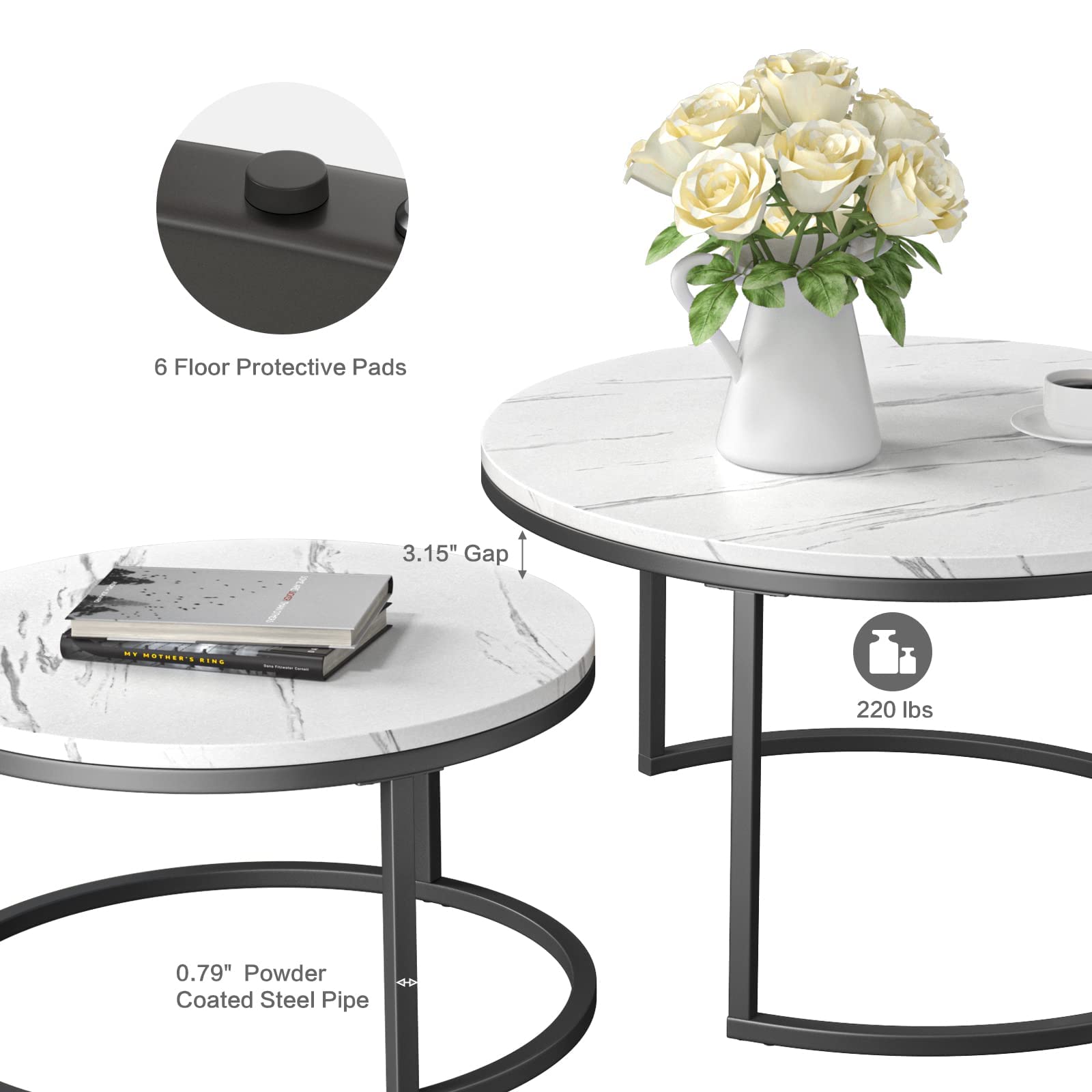 Round Nesting Coffee Table, Set of 2 Modern Coffee Table with Faux Marble Top