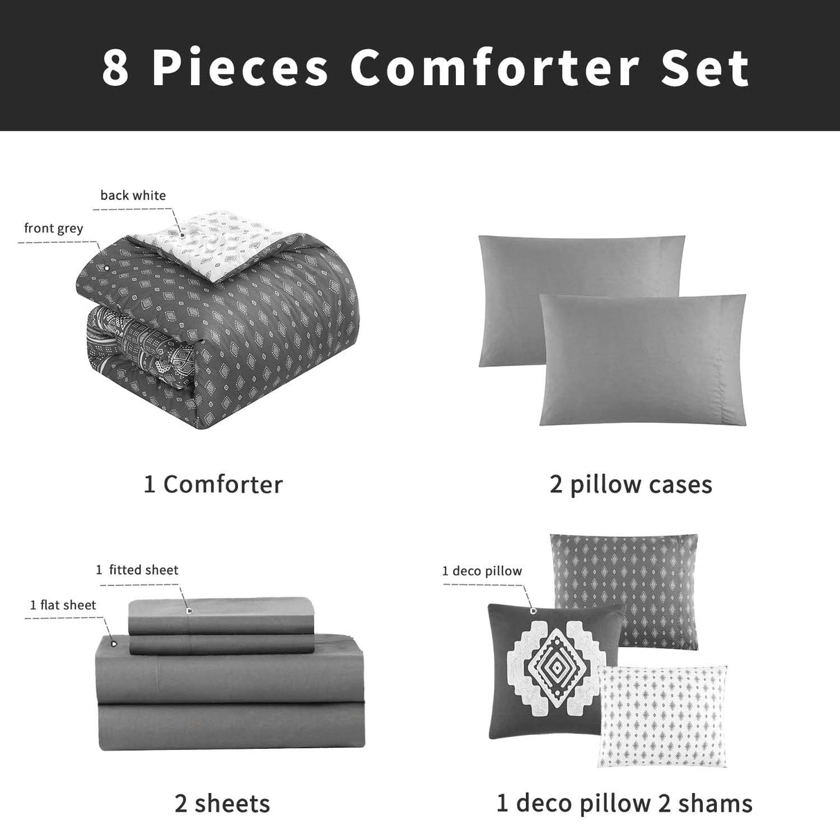 Queen Comforter Set, Boho Bed in a Bag 7PCS, Grey Reversible Aztec Pattern,
