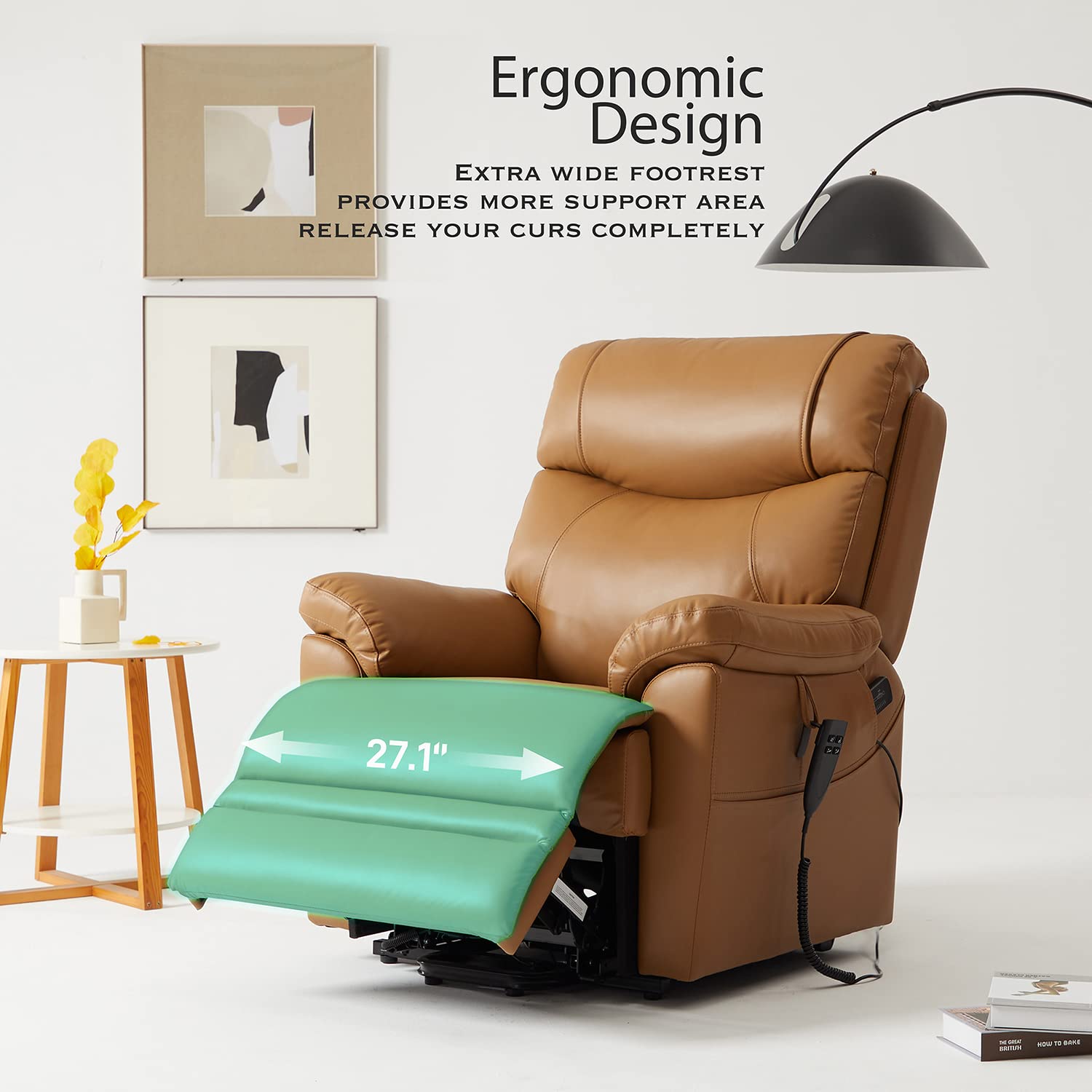 LuxeRise Dual Motor Power Lift Recliner – Genuine Leather, Yellow Brown