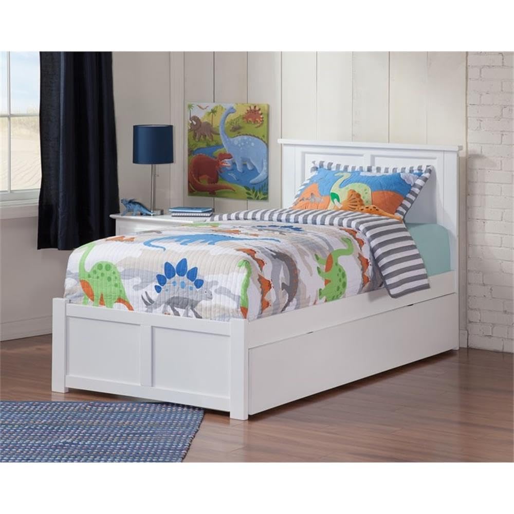 Pemberly Row Twin Solid Wood Bed with Twin Trundle with USB Charger in White