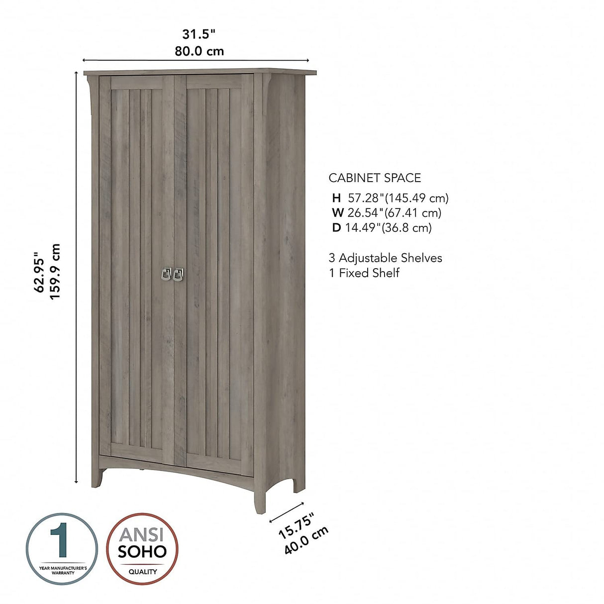 SAS332DG-03 Salinas 62.95-Inch Tall Storage Cabinet with 4 Shelves, Driftwood Gray