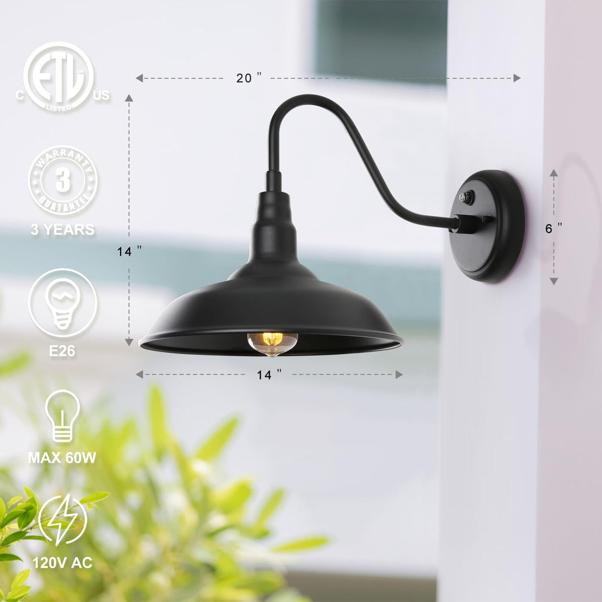 14 Inch Large Dusk to Dawn Gooseneck Light for Farmhouse, 2 Pack Outdoor Barn Lights