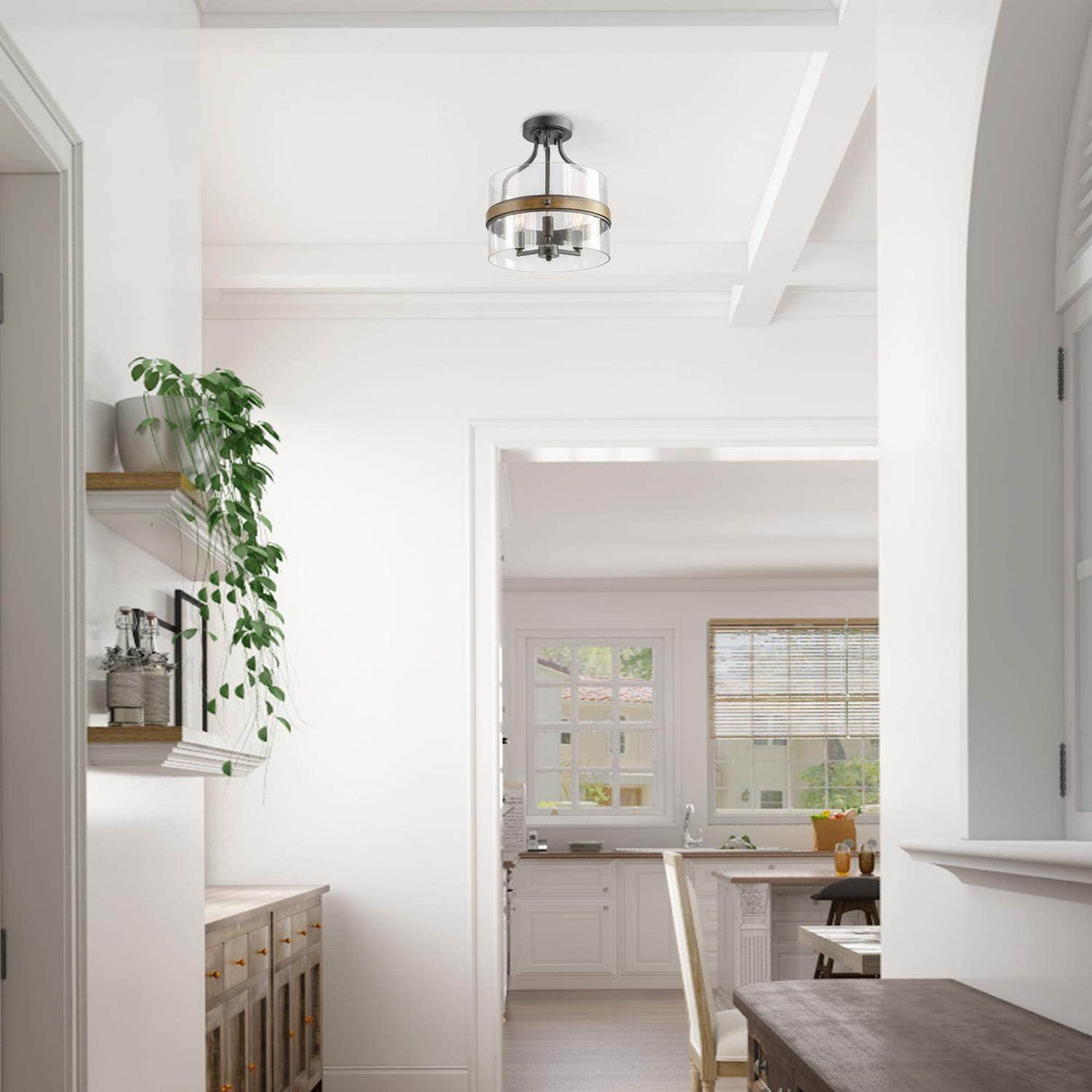 Faux Wood Ring Ceiling Light - Modern Semi Flush Mount Farmhouse Chandelier