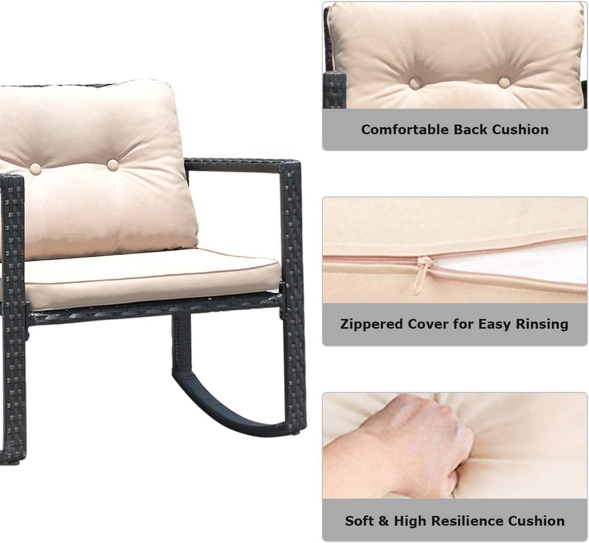 HAPPYGRILL 3-Piece Rocking Bistro Set Outdoor Patio Rocking Chairs with Coffee Table, Rattan Wicker Furniture Conversation Set for Garden Lawn Backyard Balcony