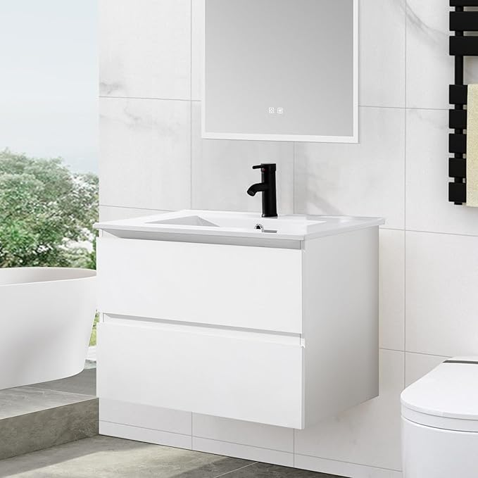 36" Bathroom Vanity Wall Mounted Floating Vanity with Ceramic Sink and Two Drawers