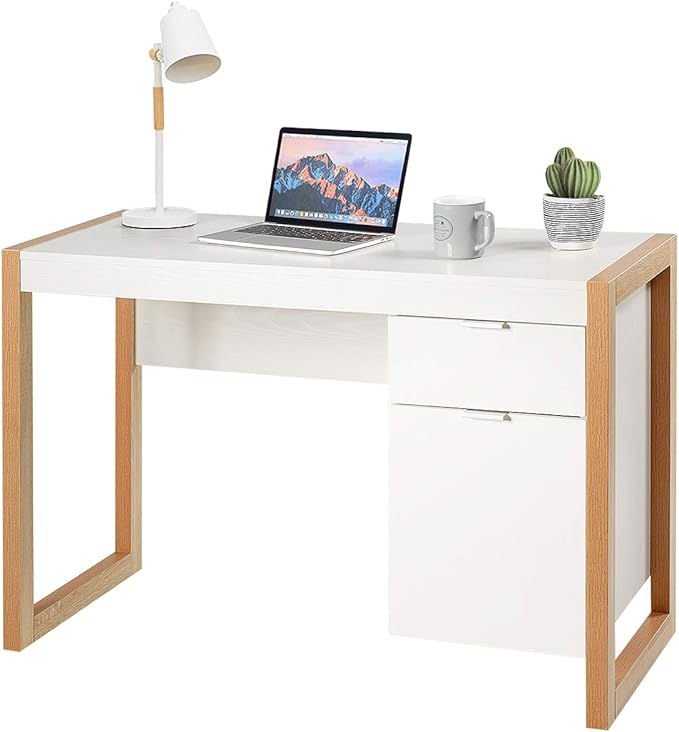 Computer Desk with Storage Cabinet & Drawer, White Wooden Home Office Desk