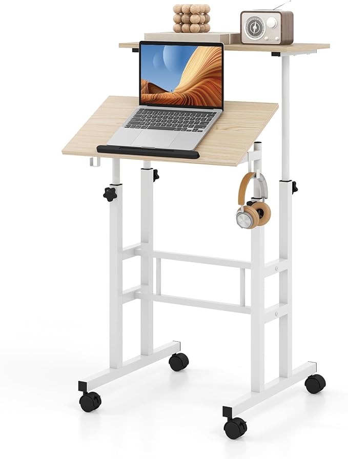 Mobile Standing Desk, Height-Adjustable Laptop Podium Cart with Tilting Tabletop & Adjustable Angle, Rolling Stand Up Computer Desk with 2 Hanging Hooks & Lockable Casters for Home Office