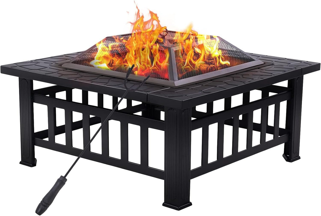 32 Inch Outdoor Metal Fire Pit, Square Wood Burning Firepit with Steel Fire Poker and Cover