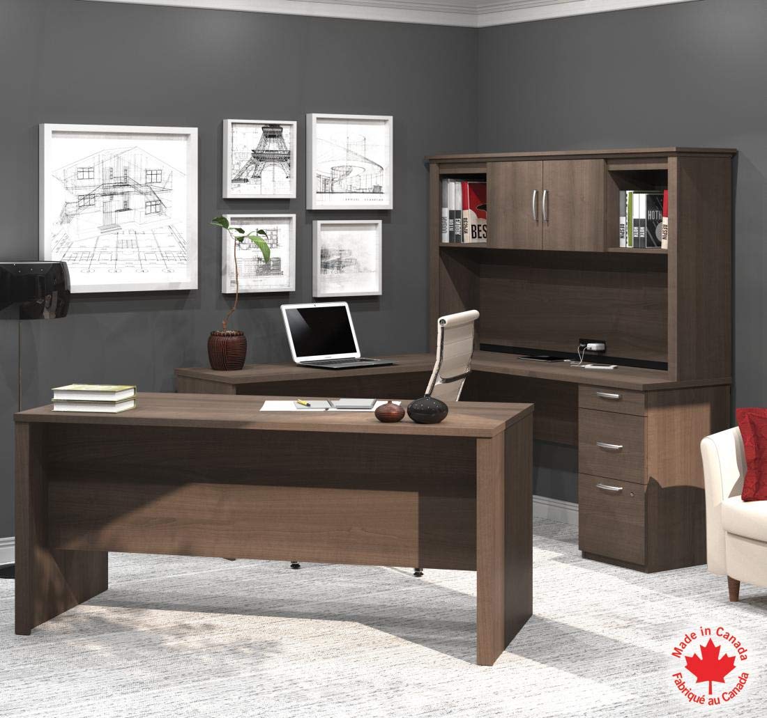 Logan U or L-Shaped Executive Office Desk with Pedestal and Hutch in Antigua, 66W