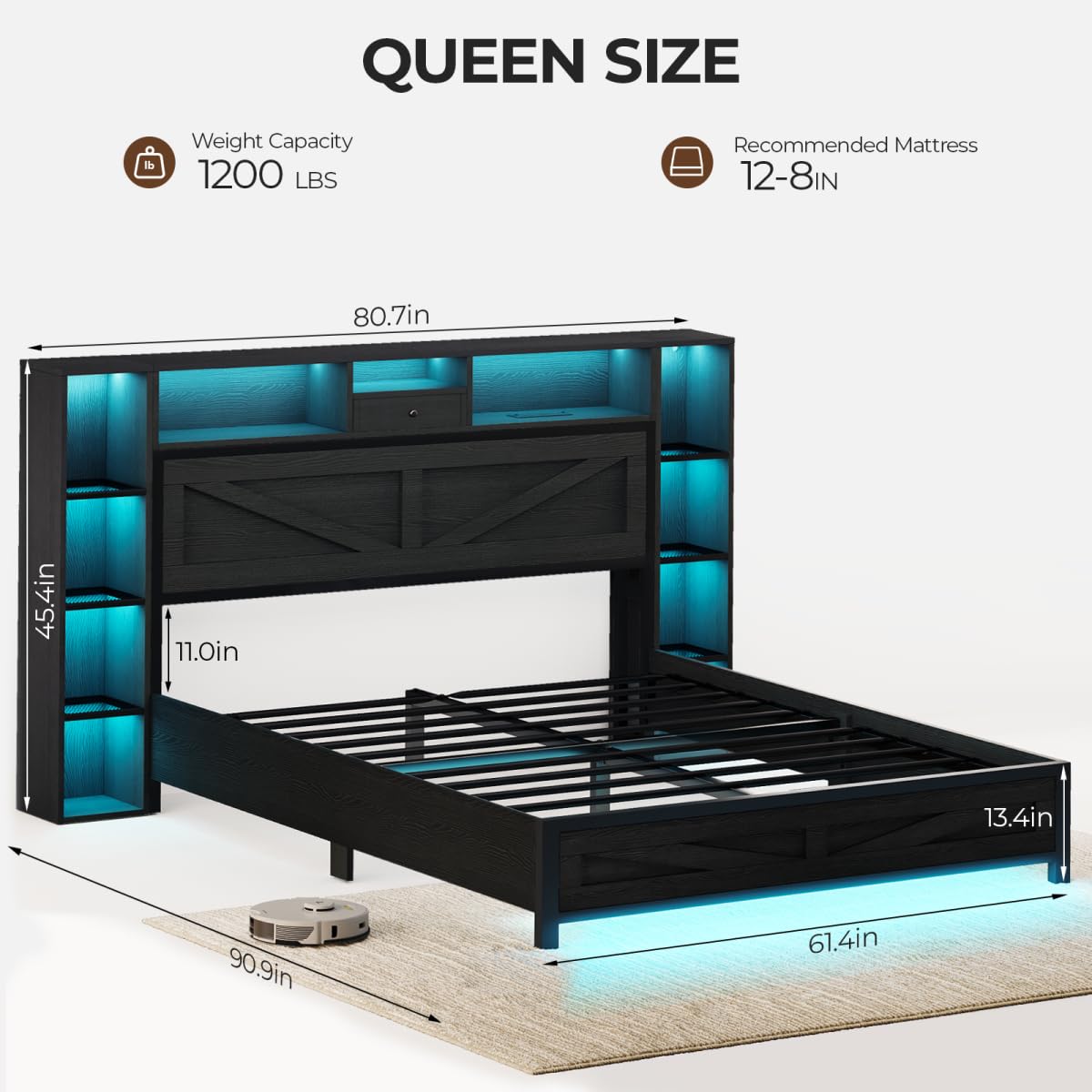 Queen Bed Frame with Bookcase Headboard and Charging Station