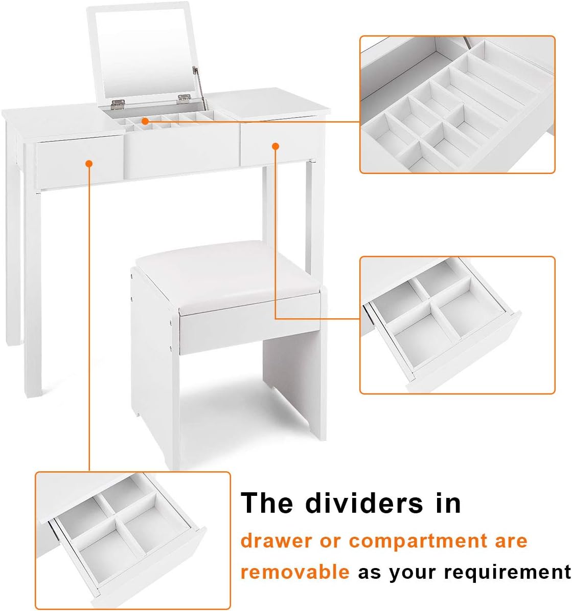 Vanity Set with Flip Top Mirror and Cushioned Stool, Makeup Dressing Table Writing Desk with 2 Drawers