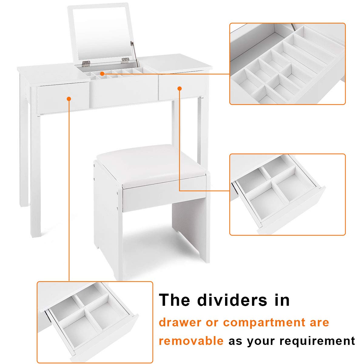 Vanity Set with Flip Top Mirror and Cushioned Stool, Makeup Dressing Table Writing Desk with 2 Drawers