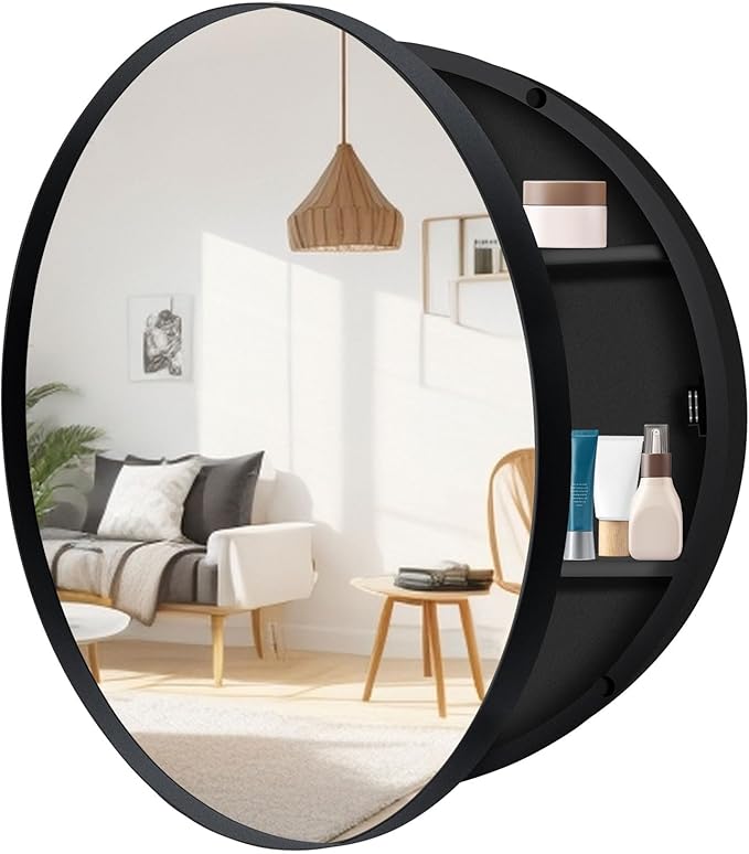 Round Medicine Cabinet with Mirror,Farmhouse Black Bathroom Medicine Cabinet for Wall