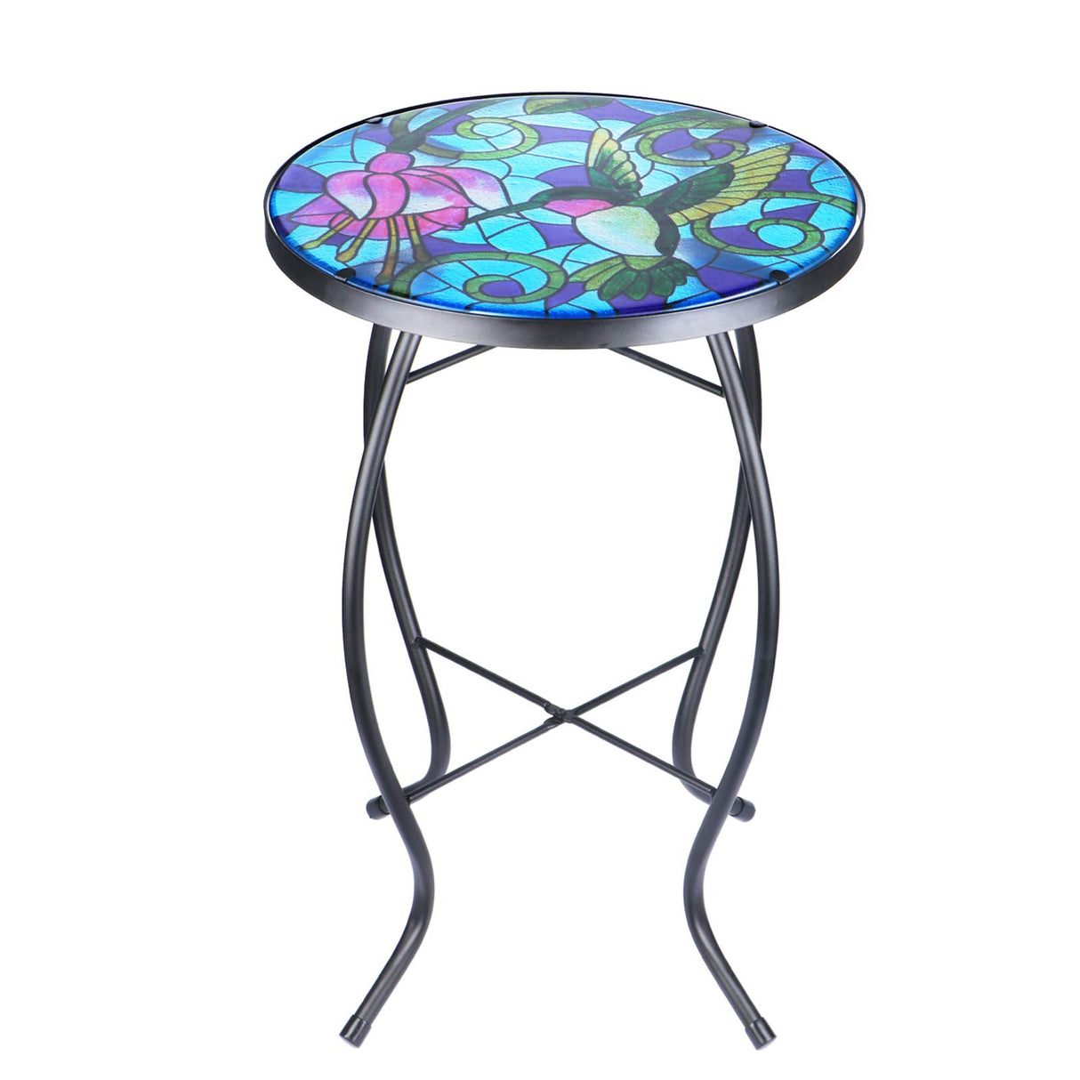 VCUTEKA Mosaic Patio Side Table Outdoor Accent Table Bistro Coffee Table Plant End Table Small Porch Table Indoor Round Glass Balcony Hummingbird Plant Table Stands - Bircata