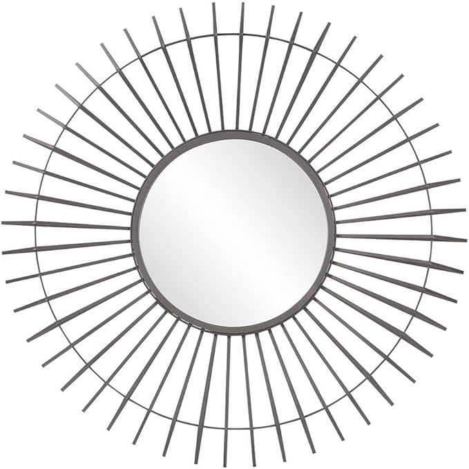 Antique Silver Leaf Finish Sunburst Mirror for Wall, Large Round Decorative Focal Point Glass Mirror