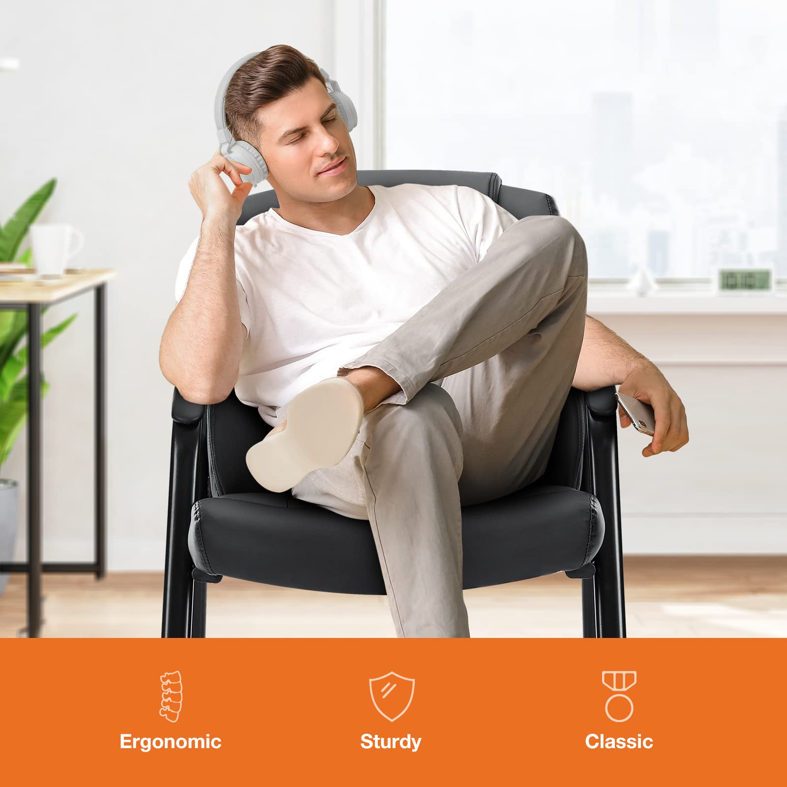 Leather Guest Chair Set of 2 with Padded Arms, Comfy Waiting Room Chairs