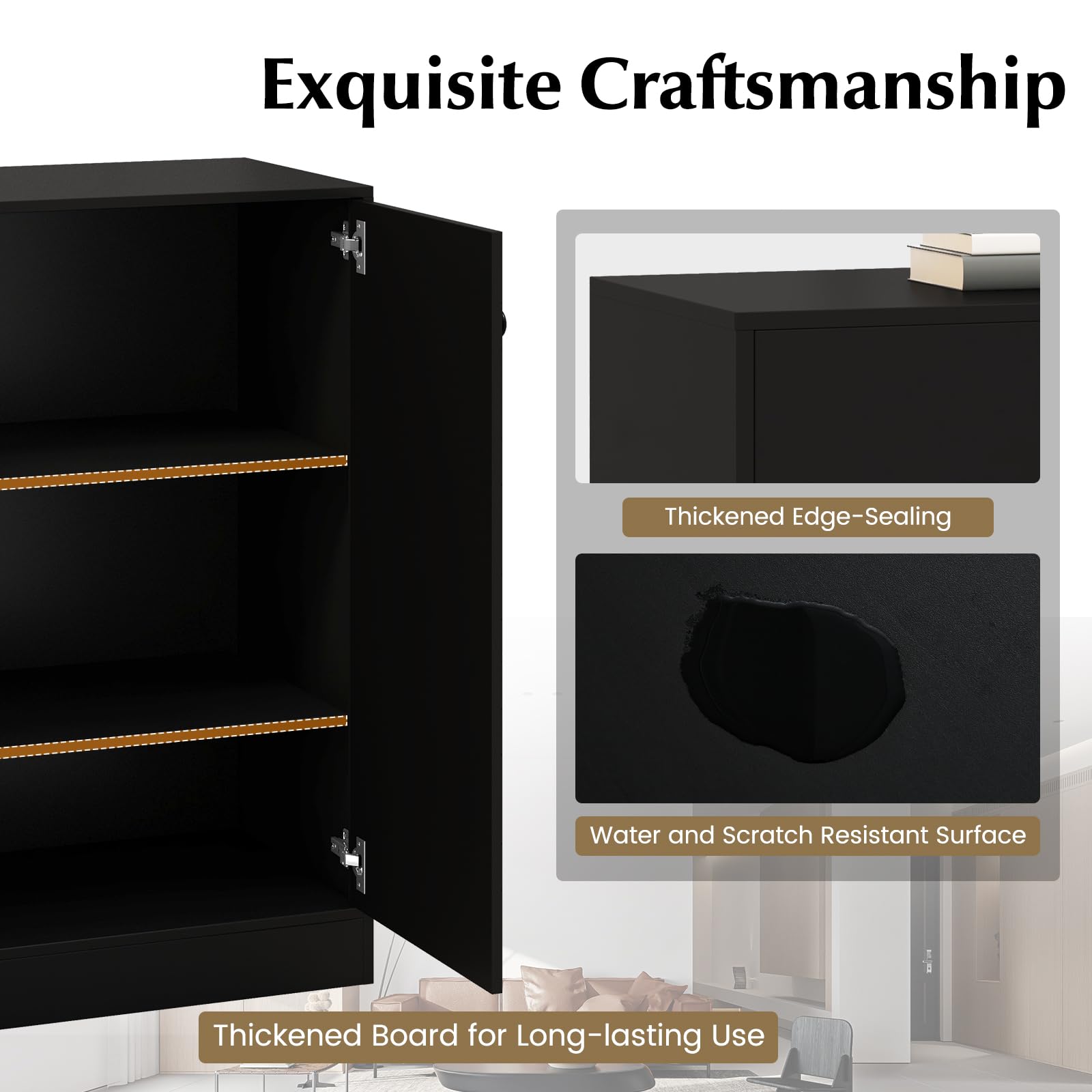 2-Door Storage Cabinet, Modern Floor Cabinet with 3-Tier Shelf